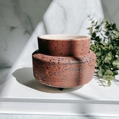 two clay bowls sitting on top of a white table next to a green planter