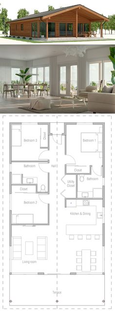 the floor plan for a modern house with two levels and an open living room, dining area