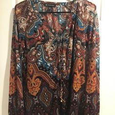 Never Worn. Boho Style Fall Multicolor Paisley Print Blouse, Casual Black Paisley Print Blouse, Black Bohemian Tops With Paisley Print, Casual Black Blouse With Paisley Print, Casual Brown Paisley Print Tops, Fall Orange Tops With Vibrant Print, Ribbed Turtleneck Top, Paisley Color, Tan Blouse