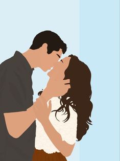 a man and woman kissing in front of a blue background