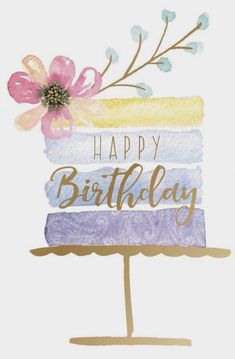 a happy birthday card with a cake on it and flowers in the top tiers