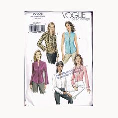 three women's blouses and pants sewing pattern, with the top in two different colors