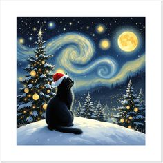 a black cat wearing a santa hat sitting on top of a snow covered hill at night