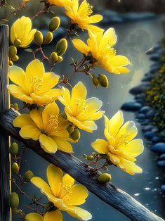 a painting of yellow flowers on a tree branch