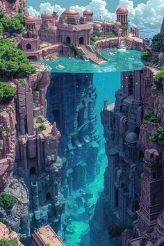 an underwater view of a futuristic city surrounded by trees and rocks, with blue water