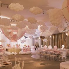 a room filled with lots of balloons and tables