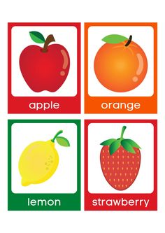 four cards with different fruits and vegetables on them, including an apple, lemon, orange, and strawberry