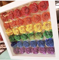 there are many different colors of rolled paper flowers in the shadow box on the table