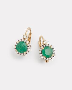 18K Yellow Gold Diamond Edged Emerald Drop Earring, .42 TCW5/8 Inch Long x 3/8 Inch Wide Style# YESSEMW/L Gucci Westman, Emerald Cabochon, Emerald Diamond Earrings, Emerald Earrings Drop, Embroidery Fashion Detail, Emerald Rings, Emerald Earrings, Fabulous Jewelry, Gold Jewellery Design