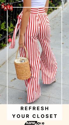 Stripe Knot Wide Leg Pants Trendy Wide Leg Beach Pants, Red Non-stretch Bottoms For Day Out, Non-stretch Red Bottoms For Day Out, Summer Day Out Casual Pants, Summer Striped High Waist Wide Leg Pants, Chic Striped Bottoms For Vacation, Chic Striped Wide Leg Pants For Vacation, Summer High-waisted Cotton Pants, Striped Wide-leg Summer Pants