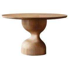 an oval wooden table with a circular base and wood grain pattern on the top, against a white background