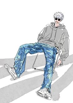 a drawing of a man sitting on a chair with his legs crossed and wearing sunglasses