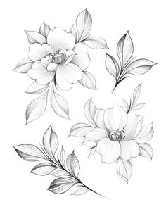 three flowers with leaves on the side and one flower in the middle, all black and white