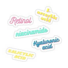 four stickers with the words retinoo, nonamile, hyglynic acid and salic acid