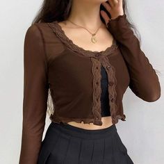 Brown Long Sleeve Blouses And Tops, Cheap Brown Long Sleeve Tops, Cheap Brown Tops For Layering, Cheap Brown Party Blouse, Cheap Cute Brown Tops, Cheap Chic Brown Shirt, Luxury Vintage Brown Tops, Vintage Brown Shirts, Affordable Brown Vintage Shirt