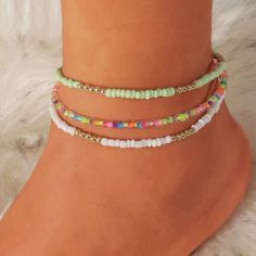 3 Piece Beaded Multicolor Anklet Set Adjustable Length: 8.9-10.9 Inch Multi-Colored Beads Brand New, With Tags Handmade Ankle Bracelets, Bracelets With Beads, Anklets Diy, Star Anklet, Summer Beach Jewelry, Beaded Ankle Bracelets, Schmuck Diy, Leg Chain