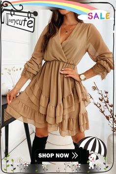 Long Sleeve V-neck Ruffle Chiffon Dress V-neck Chiffon Dress With Ruffles, Feminine V-neck Chiffon Dress With Ruffles, Feminine Chiffon V-neck Dress With Ruffles, Luxury V-neck Ruffled Chiffon Dress, Brown V-neck Dress With Ruffle Hem, Chiffon Ruffle Dress, Chiffon Ruffle, Neck Ruffle, Elegant Fashion