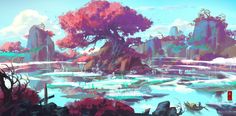 an animated landscape with trees, rocks and water