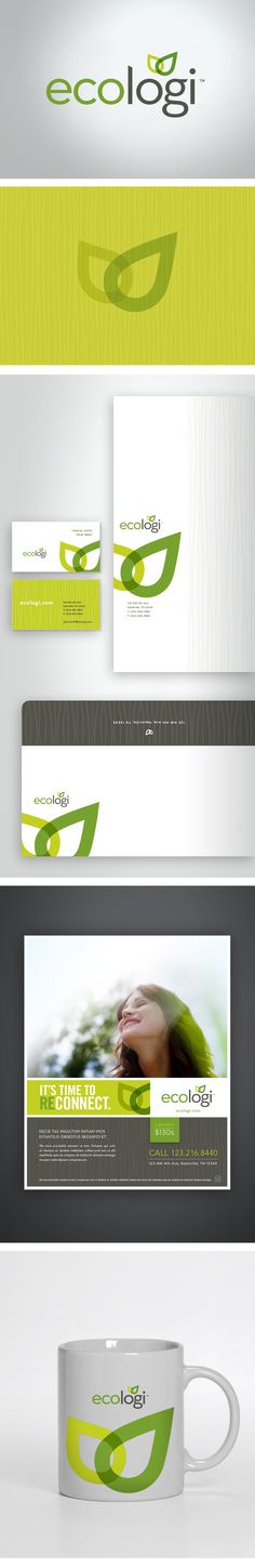 the logo and business card design for ecobig is shown in three different colors