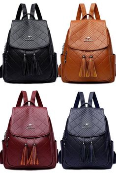 Leisure Kangaroo Logo Leather Tassel Lattice Anti-theft Rucksack Waterproof Daypack School Backpack #bag #backpack #school College Bags For Girls, Kangaroo Logo, Leather School Bag, Leather Backpacks, College Bags