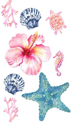 watercolor painting of sea animals and flowers