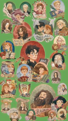 an image of harry potter and hermione's hogwarts characters on green background