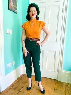 Mandarin Top Tangerine from Vivien of Holloway Retro Fall Workwear Tops, Vintage Relaxed Fit Tops For Workwear, Retro Relaxed Fit Tops For Workwear, Fitted Retro Blouse For Day Out, Retro Short Sleeve Tops For Workwear, Retro Green Top For Daywear, Skirt Evening Outfit, Tan Leather Belt, Yellow Gifts