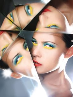 a woman's face is reflected in a mirror with bright makeup and eyeliners