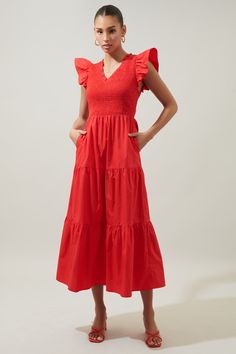 Sunfire Smocked Bodice Tiered Midi Dress – Sugarlips Mom Belly, Belt Western, Belly Pooch, Red Summer Dresses, Tiered Midi Skirt, Tiered Midi Dress, Loose Fitting Tops, Smocked Dress, Red Midi Dress