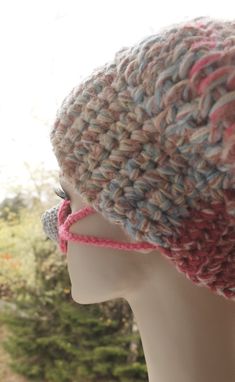 Two-colored nose warmer, crocheted of wool-free yarn (gray cotton and pink acrylic). Whimsical Pink Crochet Hat For Winter, Whimsical Pink Crochet Hat, Pink Whimsical Crochet Hat, Handmade Yarn Crochet Hat For Crafting, Pink Knitted Crochet Yarn Hat, Pink Crochet Yarn Beanie, Winter Crochet Crafts With Yarn, Handmade Pink Yarn Knitting Pattern, Handmade Pink Knitting Pattern