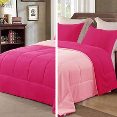 two pictures of a bed with pink sheets and pillows