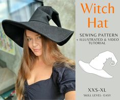 a woman wearing a witches hat with the text, witch hat sewing pattern and illustrated video