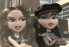 two animated women standing next to each other in front of a building with the caption, listen talks