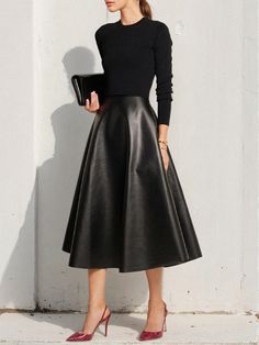 Olivia Mark - Whimsical Women's Water-Repellent Skirt Autumn Coats, Chic Skirt, Faux Leather Midi Skirt, Printed Long Skirt, Chic Skirts, Leather Midi Skirt, Fall Coat, Fitted Skirt, City Chic