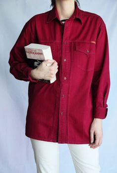 Oversized Twill Shirt Jacket in Burgundy | Etsy Corduroy Collar Cotton Shirt For Workwear, Cotton Shirt With Corduroy Collar, Cotton Shirt With Corduroy Collar For Work, Fall Cotton Shirt With Buttoned Pockets, Cotton Shirt With Corduroy Collar And Long Sleeves, Long Sleeve Cotton Shirt With Snap Buttons, Single Breasted Cotton Collared Shirt, Fall Shirt With Corduroy Collar And Long Sleeves, Burgundy Long Sleeve Shirt For Fall