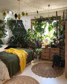 a bedroom with lots of plants in it