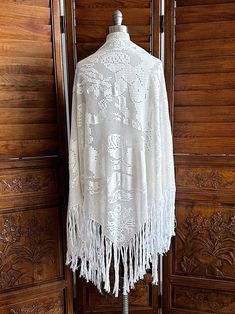 Vintage knit white shawl with fringe  Appears to be floral and cherub print  Large size - has some very faint yellowing and one spot - I have not tried to clean see photos  90" x 36" with 10" fringe Vintage White Shawl Scarf, White One-size Scarf For Spring, White One-size Scarves For Spring, White Scarves One Size For Spring, White One Size Scarves For Spring, One Size White Scarves For Spring, White Bohemian Shawl For Spring, One-size White Shawl For Summer, White Summer Shawl