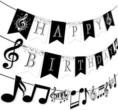 black and white happy birthday banner with musical notes