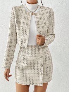 2pcs Women's Spring/Autumn Plaid Pattern Round Neck Long Sleeve Single-Breasted Jacket & Skirt Elegant Commuter Suit Apricot Elegant    Plaid,Plain  Non-Stretch  Women Clothing, size features are:Bust: ,Length: ,Sleeve Length: Skirts Outfits, Chique Outfits, Rock Outfit, Miniskirt Outfits, Elegant Skirt, Looks Chic, Fashion Girl, How To Look Classy, Skirt Pattern