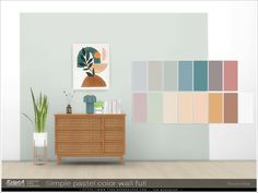 a living room with a plant and some pictures on the wall above it that says simple pastel color wall