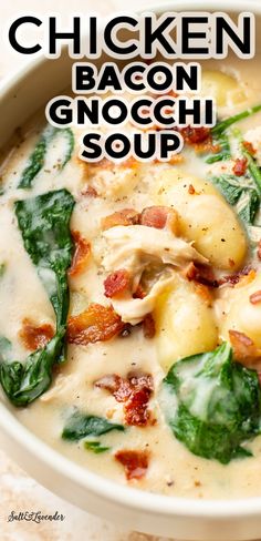 chicken bacon gnocchi soup in a white bowl with spinach leaves on top