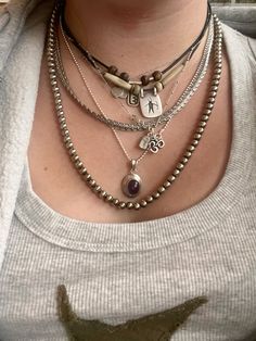 #silver #silvernecklaces #necklaces #necklacestack #sterlingsilver 2000s Necklace Aesthetic, Layered Gold And Silver Necklaces, Layered Silver Necklaces Grunge, Lots Of Necklaces Aesthetic, Grunge Silver Jewelry, Southern Gothic Jewelry, Alt Necklace Layering, Funky Silver Necklace, Maximalist Necklace Stack