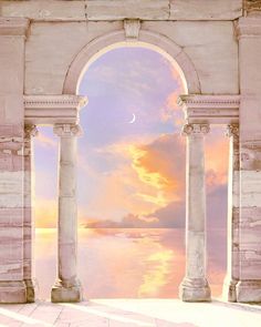 an open doorway with the sun setting in the background and water reflecting off it's surface