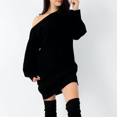 Longline Knit Sweater Dress New With Tags Soft Knit Fabric Off The Shoulder Neckline Made In The Uk Fabric Content Fabric: 100% Acrylic Approximate Length: 82 Cm Knit Sweater Dress For Night Out, Knit Sweater Dress For Fall Night Out, Knit Sweater Dress For Night Out In Fall, Black Knit V-neck Sweater Dress, Black V-neck Knit Sweater Dress, Black Knit Sweater Dress For Spring, Trendy Knit Mini Dress For Winter, Black Knitted Long Sleeve Sweater Dress, Chic Black Knit Sweater Dress