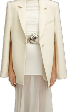 White Structured Boning Long Sleeve Outerwear, White Structured Long Sleeve Outerwear, White Luxury Blazer With Structured Boning, Luxury White Blazer With Structured Boning, Designer White Evening Blazer, Luxury Cream Outerwear For Evening, Luxury White Outerwear With Hidden Buttons, Luxury White Outerwear With Hidden Button Closure, Elegant White Outerwear With Structured Boning