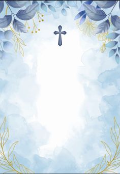 a blue and white background with flowers, leaves and a cross on the top right corner