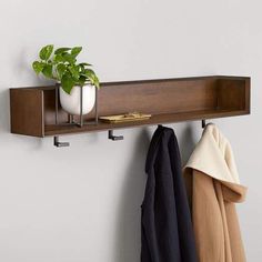 a coat rack with a potted plant on it