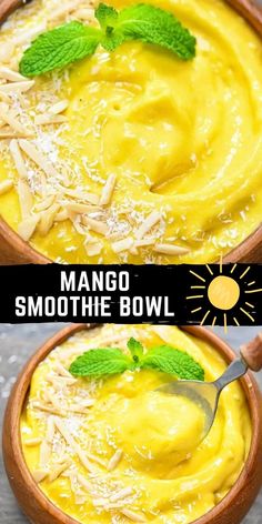 mango smoothie bowl with mint garnish in it and the text, mango smoothie bowl