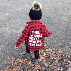 Plaid Button Down Shirt With Wording On The Back. Fun Red Tops For Fall, Red Tops For Fall Playtime, Red Winter Top For School, Playful Red Tops For School, Red Letter Print Top For Playtime, Red Letter Print Tops For Playtime, Cute Red Shirt With Letter Print, Red Fall Tops For School, Plaid Print Shirt