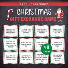 christmas gift exchange game with santa clause and candy canes on the side, in front of